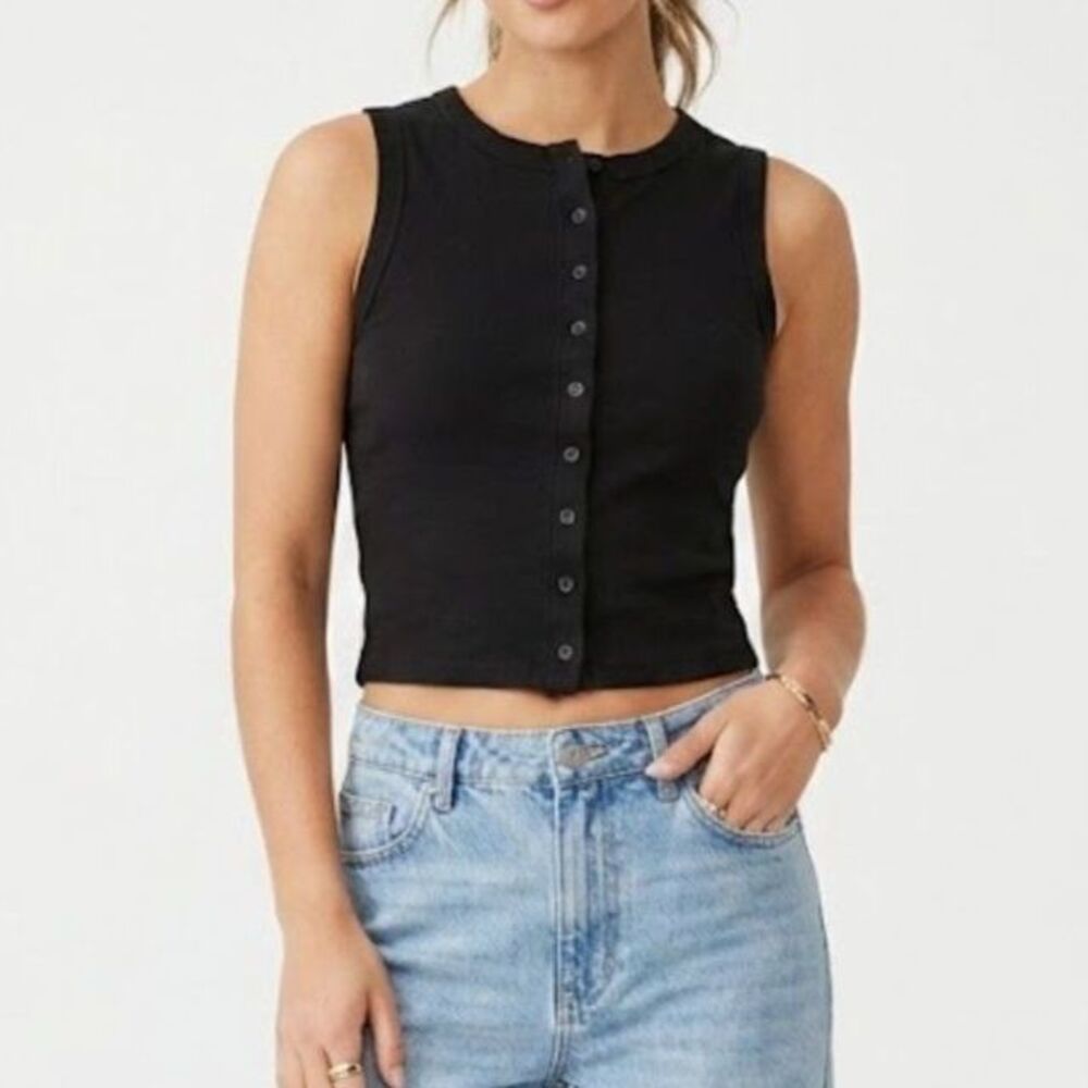 Ribbed Cotton On Black Button Front Henley Tank Top Size S Small